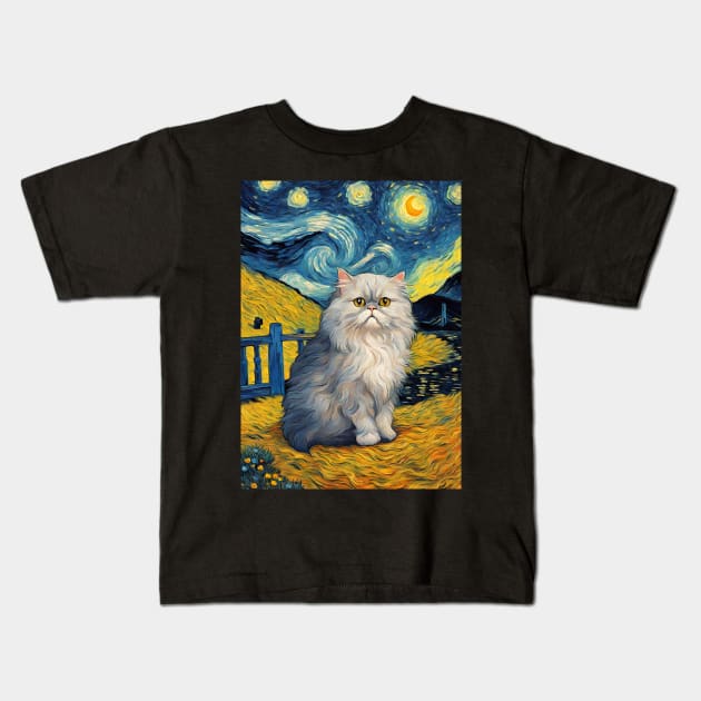 Persian Cat Breed Portrait Painting in a Van Gogh Starry Night Art Style Kids T-Shirt by Art-Jiyuu